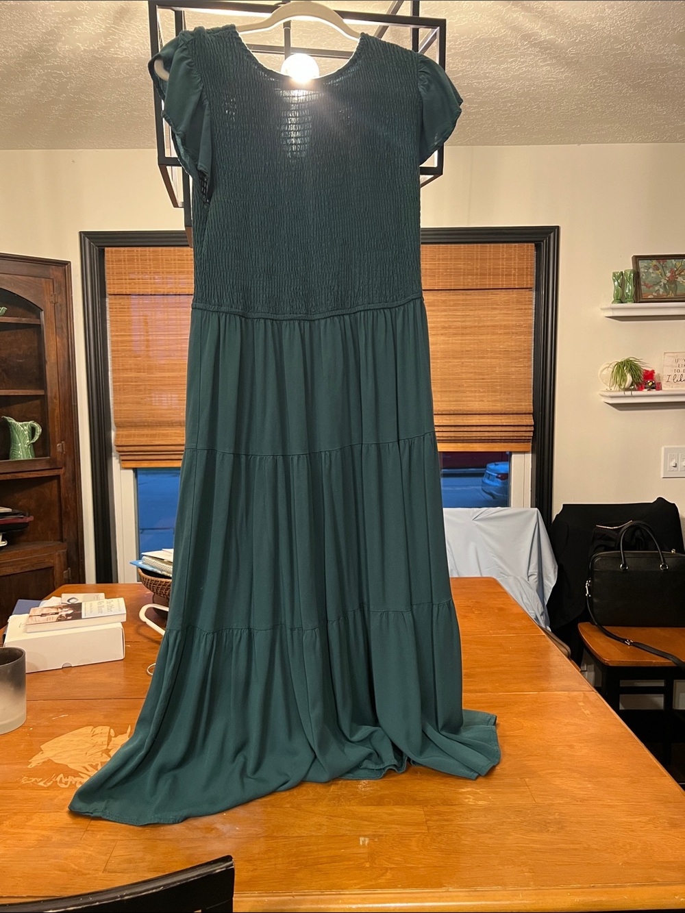 Smocked Bodice Emerald Green Tiered Midi Dress